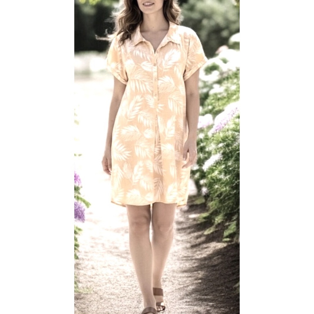Faherty Brand Yellow Tropical Palm Linen Blend Button Down Shirt Dress XS